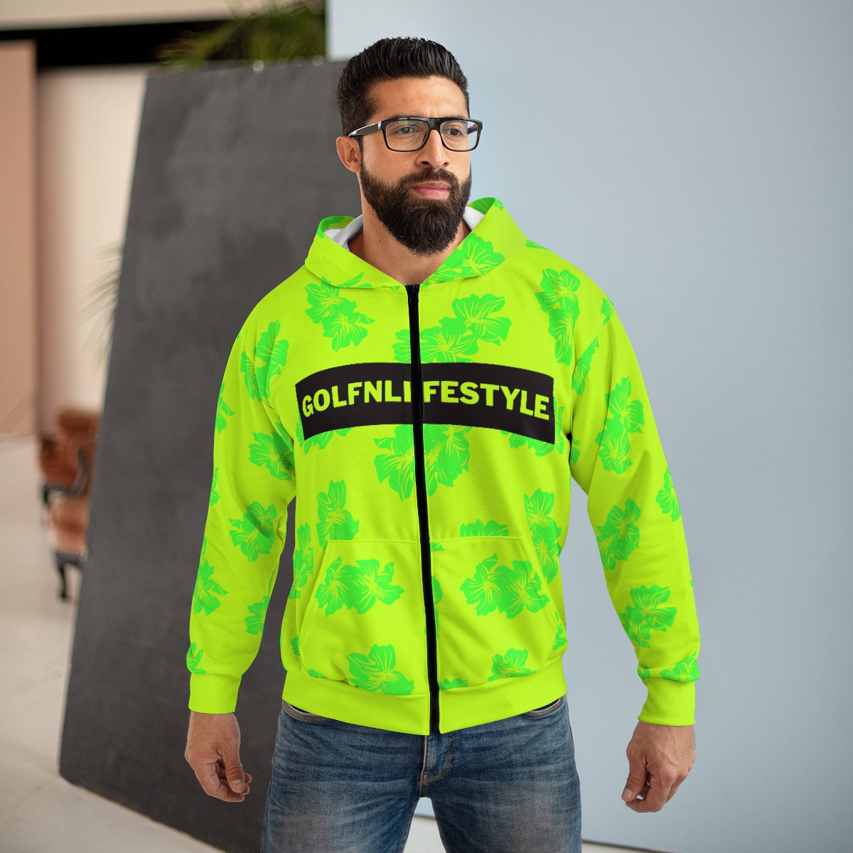 Neon Green Hawaiian Golfn Lifestyle Zipper Hoodie