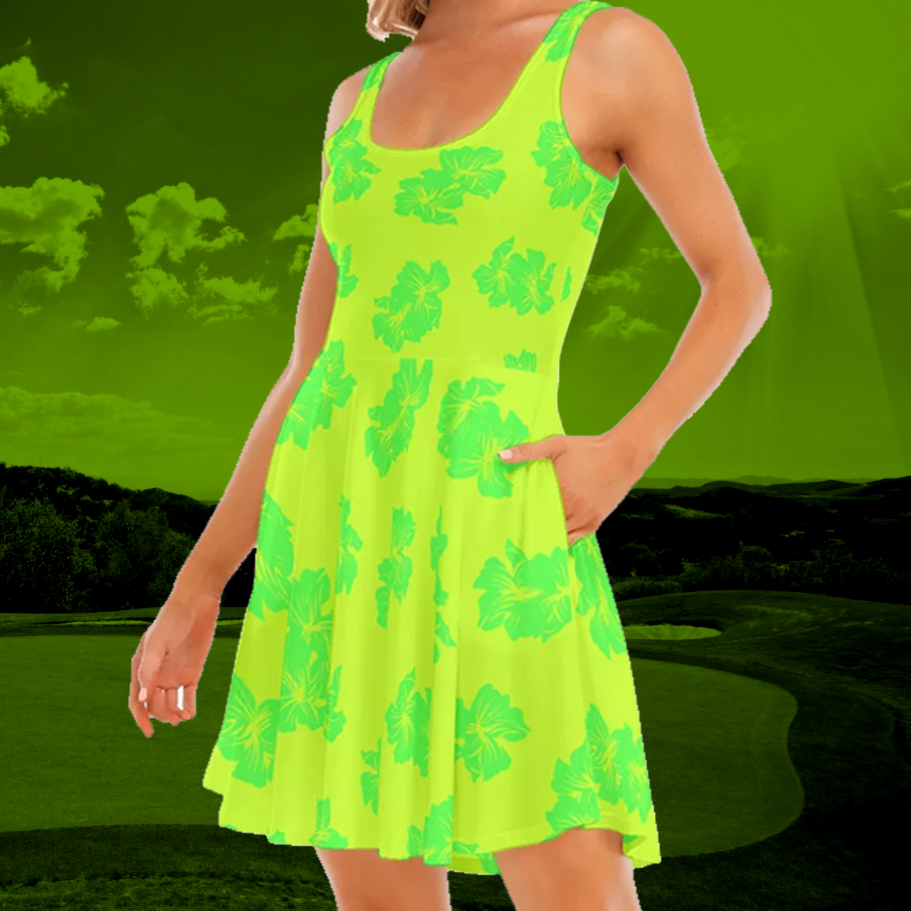 Fashion Casual Solid Fold V Neck One Step Skirt Dresses Fluorescent Green-L